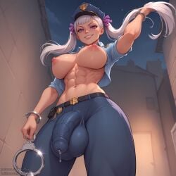 1futa abs ai_generated big_bulge black_clover bulge bulge_through_clothing dickgirl futa_only futanari handcuffs muscular_futanari noelle_silva pants police police_uniform policewoman precum precum_drip puffyart solo solo_futa twintails vein veiny_penis