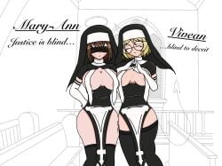 2girls breasts breasts_pressed_against_partner female glasses large_breasts nun nun's_habit nun_outfit original_characters thigh_highs