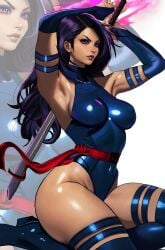 1girls 2024 asian asian_female female female_only gloves katana kttymya leggings legwear leotard long_hair long_hair_female marvel marvel_comics psylocke purple_hair purple_hair_female solo solo_female solo_focus superhero superhero_costume superheroine sword tagme x-men