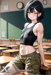 ai_assisted ai_generated analog_clock bare_shoulders black_hair blurry blurry_background blurry_foreground blush breasts chair chalkboard classroom clock covered_nipples depth_of_field desk ear_piercing earrings female grin indoors jewelry looking_at_viewer motion_blur navel on_desk piercing school_chair school_desk short_hair shorts sitting_on_desk small_breasts smile solo table tank_top wall_clock