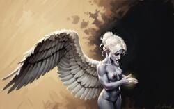 1girls ai_generated angel_wings baldur's_gate_3 breasts colored_skin hair_bun medium_breasts minthara nude one_wing pointy_ears purple_skin red_eyes white_hair