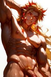 1boy abs ai_generated armpit_hair armpits bara blonde_hair completely_nude demon_slayer earrings facial_hair flaccid goldenfieldszho jewelry kimetsu_no_yaiba kyojuro_rengoku large_pectorals long_hair looking_at_viewer male_focus male_only male_pubic_hair multicolored_hair muscular muscular_male navel nipples nude pectorals penis pubic_hair red_hair rengoku_kyoujurou smile solo stomach sweat testicles thick_eyebrows thighs uncensored veins