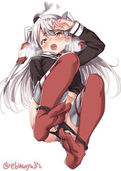 amatsukaze_(kantai_collection) ass black_panties blush breasts brown_dress brown_eyes dress ebifurya female garter_straps gloves hair_between_eyes hair_tubes hat heavy_breathing highres kantai_collection long_hair looking_at_viewer lying mini_hat on_back open_mouth panties panty_pull pussy_juice red_legwear sailor_dress saliva saliva_trail short_dress silver_hair simple_background single_glove small_breasts striped striped_legwear tears thighhighs twitter_username two_side_up underwear white_background windsock