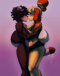 absurd_res animal_crossing anthro ass blush bodily_fluids breasts canid canine canis clothing cum digital_media_(artwork) domestic_dog duo erection female fur genital_fluids genitals hair hi_res isabelle_(animal_crossing) kissing male male/female mammal nintendo nude open_mouth penis saliva saliva_string sex shih_tzu simple_background tail thigh_sex toy_dog traknoch yellow_body yellow_fur