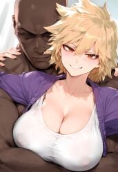 1boy 1girls ai_generated bakugou_mitsuki bald bangs blonde_hair blush breast_press breasts cardigan cheating_(relationship) cheating_mother cheating_wife cleavage clothed_female_nude_male clothing curvaceous curvaceous_female curvaceous_figure curvy curvy_figure dark-skinned_male dark_skin faceless faceless_male facial_hair female female female_focus grin hair_between_eyes huge_breasts interracial large_breasts looking_at_viewer male mature_female milf mitsuki_bakugou muscle my_hero_academia nakatori netorare nipples ntr nude open_cardigan open_clothes open_jacket purple_jacket red_eyes shirt short_hair smile straight uncensored upper_body voluptuous voluptuous_female white_shirt