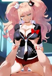 1boy 1girls ai_generated bra breast_grab cleavage clothed_sex cowgirl_position danganronpa danganronpa_(series) grabbing_another's_breast grin guided_breast_grab junko_enoshima large_breasts panties_aside pov school_uniform sex tittyg-ai twintails upskirt vaginal_penetration