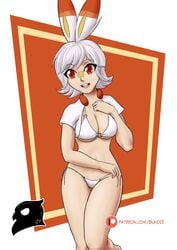 1girls big_breasts bikini breasts buckteeth buho01 cleavage clothed female female_only humanized long_ears orange_background orange_eyes pokemon pokemon_ss scorbunny smile solo teeth text thigh_gap underboob url watermark white_bikini white_hair wide_hips