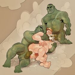 anal anal_sex balls beard blowjob blush body_hair boner bunbunny_(artist) cum cum_in_ass cum_in_mouth cum_inside dwarf dwarf_male erection facial_hair gay group_sex light-skinned_female light_skin male male/male male_only musk nude oral orc orc_male orc_on_human orgasm penis sex smallsrabbit