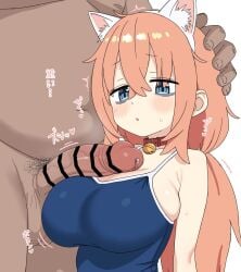 1boy 1girls animal_collar animal_ear_fluff animal_ears bell blue_eyes breasts cat_ears collar crossed_bangs fat_man female hair_between_eyes highres jingle_bell large_breasts long_hair looking_at_penis male michinoku_komaro neck_bell norigure18 one-piece_swimsuit orange_hair penis precum seitokai_nimo_anawa_aru! simple_background straight swimsuit white_background