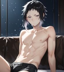 1boy ai_generated arm_support black_hair bungo_stray_dogs closed_mouth collarbone couch expressionless grey_eyes indoors light_blush looking_at_viewer male male_focus male_only male_underwear multicolored_hair navel nipples on_couch pectorals ryuunosuke_akutagawa short_hair sidelocks sitting solo solo_male soraka-31 stomach toned toned_male topless_male two-tone_hair underwear underwear_only white_hair window