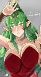 1girls breasts_pressed_on_glass english_text fire_emblem fire_emblem_awakening green_eyes green_hair large_breasts looking_at_viewer nintendo ponytail sakuremi sweatdrop talking_to_viewer text tiki_(adult)_(fire_emblem) tiki_(fire_emblem)