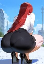 ai_generated ass ass_focus big_ass big_butt bubble_ass bubble_butt creamy_ai curvy dat_ass erza_scarlet fairy_tail fat_ass from_behind high_heels huge_ass large_ass large_butt narrow_waist office_lady pencil_skirt red_hair round_ass round_butt shirt squatting thick_ass thick_thighs white_shirt wide_hips