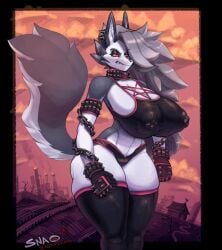 2023 anthro big_breasts black_clothing black_gloves black_handwear black_legwear black_thigh_highs breasts canid canid_demon canine chains clothing collar demon ear_piercing female fluffy fluffy_tail fur gloves grey_body grey_fur grey_hair hair handwear hellhound helluva_boss huge_breasts legwear long_hair loona_(helluva_boss) mammal multicolored_body multicolored_fur mythological_canine mythological_creature mythology nipple_outline panties piercing red_sclera skindentation snao solo spiked_collar spiked_gloves spikes standing tail thick_thighs thigh_highs two_tone_body two_tone_fur underwear white_body white_eyes white_fur wide_hips