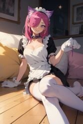 1girls ai_generated brawl_stars cat_ears colette_(brawl_stars) human maid painting paw_gloves pink_hair pinku_pawlette