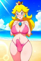 ai_generated beach big_breasts bikini blonde_female blonde_hair breasts embarrassed erection erection_under_clothes female_focus futanari mario_(series) nintendo princess_peach super_mario_bros.