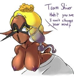 1girls 2023 2d breasts breasts_out color dark-skinned_female dark_skin dialogue english_text eyebrows_visible_through_hair female female_only frye_(splatoon) hanging_breasts inkling nintendo nipples princesskari purple_nipples raised_eyebrows simple_background solo solo_female speech_bubble splatoon splatoon_(series) splatoon_3 text white_background wink