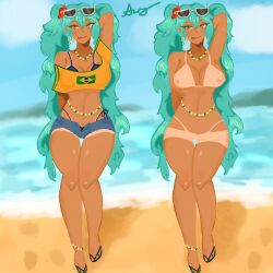 beach big_breasts bikini blue_eyes blue_hair brazil brazilian brazilian_female brazilian_miku hatsune_miku smirk tan_lines tan_skin twintails vocaloid waist_beads