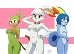 3girls anthro anthrofied areolae blue_eyes blue_skin blush breasts bunny_ears female female_only fur furry green_skin grookey hi_res jeglegator looking_away multiple_girls nintendo nipples orange_eyes pokémon_(species) pokemon pussy scorbunny small_breasts sobble tail video_games white_fur