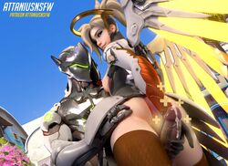 3d ass attanius blonde_hair breasts cum duo female gency genji legjob male mercy overwatch penis straight wings