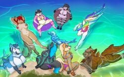 anthro arcanine ass bear breasts canid canine canis casual_nudity clothed clothing curvy_figure female fish generation_1_pokemon genitals giant_panda group hybrid inflatable inner_tube mammal marine maya_henderson nintendo nude pickles-hyena pokemon pokemon_(species) pussy shark swimming topless water wolf