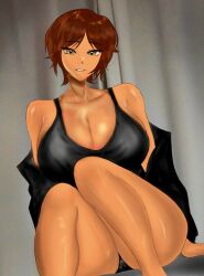 1girls big_breasts brown_hair dark-skinned_female hag jacket_partially_removed limbus_company looking_at_viewer older_female outis_(limbus_company) pearly_whites pmlbtmlorlc project_moon smile solo_focus tank_top thick_thighs yellow_eyes