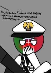 blush cbt countryhumans covering_mouth fascist_italy_(countryhumans) gay german_text implied_cbt military_uniform nazi_germany_(countryhumans) stepping_on_penis