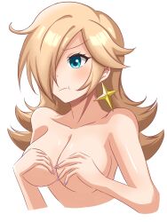 1girl blonde_hair blue_eyes collarbone completely_nude covering_breasts earrings female hair_over_one_eye large_breasts long_hair looking_away mario_(series) nintendo pouting princess_rosalina simple_background upper_body white_background yassrosalina