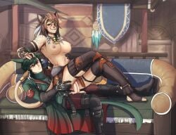 absurd_res animal_humanoid anthro ass assertive_female balls big_breasts boots breasts brown_body brown_fur brown_hair cat_humanoid clothed clothed_sex clothing crossed_legs digital_media_(artwork) duo emperorneuro erection felid felid_humanoid feline feline_humanoid female final_fantasy final_fantasy_xiv footwear fur genitals green_eyes green_hair hair hi_res hrothgar humanoid humanoid_genitalia inside jewelry legwear male male/female male_penetrating mammal mammal_humanoid miqo'te muscular muscular_anthro nipples penetration penis pussy sex shoes smile square_enix tail thick_thighs thigh_boots thigh_highs topless topless_anthro topless_female vaginal_penetration wuk_lamat