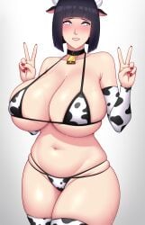 1girls absurd_res arm_sleeves big_breasts bikini black_hair blush bob_cut boruto:_naruto_next_generations choker cow_ears cow_horns cow_print cow_print_armwear cow_print_bikini cow_print_thighhighs cowbell double_v female female_only huge_breasts hyuuga_hinata looking_at_viewer mature mature_female milf naruto naruto_(series) shinjicoca solo thick_thighs thighhighs v_sign white_background