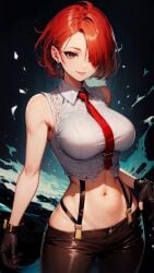 1girls ai_generated belly big_breasts clothed earrings female gloves hand_on_hip king_of_fighters light-skinned_female light_skin looking_at_viewer no_panties pale_skin pants red_eyes red_hair shirt short_hair skinny_waist suspenders tie toned vanessa_(kof) white_shirt wide_hips