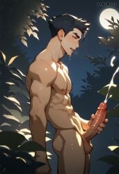 1boy ai_generated avatar_legends balls biceps big_penis brown_hair ejaculation gay hot kangmzze mako male male_only masturbation muscles muscular muscular_male nipples penis the_legend_of_korra thighs yaoi