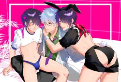 3boys alternate_costume assless_pants bishonen blush bulge bunny_boy bunny_ears bunny_tail class_3-z clone crop_top crossdressing embarrassed femboy gay gintama gintoki_sakata glasses gym_uniform hair_over_one_eye headband human human_only looking_at_viewer looking_away looking_back male male_only male_playboy_bunny mmm_threesome official_alternate_costume panties purple_hair shirokuji shorts shy sitting_on_lap sitting_on_person sweatdrop takasugi_shinsuke teacher teacher_and_student threesome trap twink yaoi