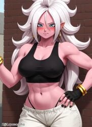 1girls abs ai_generated android_21 belly black_gloves black_thong black_top blue_eyes buttons cute_face dragon_ball_fighterz gold_earrings loose_pants lupusorchis medium_breasts muscular_arms muscular_female navel pink_skin thick_thighs thong visible_through_clothes white_hair