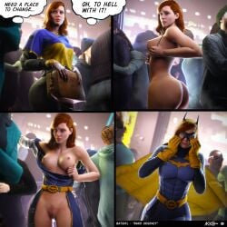 3d akkonsfw ass bag barbara_gordon batgirl batgirl_(gotham_knights) batman_(series) belt big_ass big_breasts bodysuit breasts canonical_scene changing_clothes clothed clothed_female clothing comic crowd dc dc_comics dressing english_text exhibitionism front_view genitals gloves gotham_knights hair heroine holding_object huge_ass long_hair mask no_bra no_panties no_underwear nude nude_female nudity outdoors panels partially_clothed public public_nudity purse pussy red_hair shirt suiting_up superheroine t-shirt text thought_bubble tight_clothing undressing watermark wide_hips youngiesed