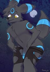 2024 after_transformation alex_(epic_alex_furry) anthro artist_name black_body black_fur blue_markings bottomwear chest_tuft clothing colored digital_drawing_(artwork) digital_media_(artwork) eeveelution flaccid forest forest_background full_moon fur generation_2_pokemon genitals hi_res humanoid_genitalia humanoid_penis male markings moon nature nature_background navel nintendo outside pants penis plant pokemon pokemon_(species) shark64bitz shiny_pokemon slightly_chubby slightly_chubby_anthro slightly_chubby_male solo surprised_expression tail torn_bottomwear torn_clothing torn_pants tree tuft umbreon