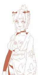 big_breasts body_writing cleavage doodle facial_scar female female_only gintama isami_meena kimono kunoichi monochrome pixel_art scar scars sketch smile solo tied_hair tsukuyo white_background writing_on_breasts