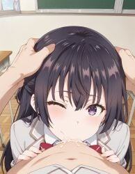 ai_generated blowjob brown_hair deep_blowjob deepthroat faceless_male fellatio harigane_mental kuze_masachika long_hair oral oral_sex ponytail pov purple_hair sucking_penis suou_yuki swallowing swallowing_cum tokidoki_bosotto_russian_de_dereru_tonari_no_alya-san