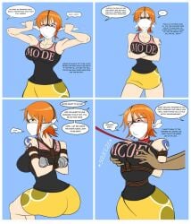 1girls arabasta_saga arms_tied_behind_back ass black_tank_top bondage breasts brown_eyes collar comic english_text female gag gagged gagged_speech grabbing_breasts harness_gag large_breasts leash looking_at_viewer male maxenergy24 nami nami_(classic) nami_(one_piece) one_piece orange_hair over_the_nose_gag pre-timeskip rope rope_between_breasts rope_bondage self_bondage short_hair skirt tank_top tape taped_hands tattoo tattooed_arm text text_bubble whisky_peak yellow_skirt