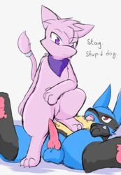 1boy 2019 ambiguous_gender anthro black_fur blue_fur duo english_text feet fur furry interspecies knot legendary_pokémon lucario male mew mostly_nude nintendo nude open_mouth original_character paws penis pink_fur pink_penis pokemon pokemon_(species) pokemon_dppt pokemon_rgby purple_eyes red_eyes ryoku scarf sketch straight_hair testicles text thick_thighs video_games wide_hips