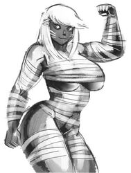 1girls breasts dark-skinned_female dark_skin erilsa_(leadleaf) female female_only final_fantasy final_fantasy_xiv large_breasts long_hair monochrome mummification mummy roegadyn shia_(artist) solo source_request square_enix underboob