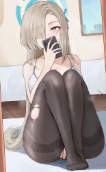 absurdres alternate_costume asuna_(blue_archive) bare_shoulders bed black_pantyhose blonde_hair blue_archive blue_eyes breasts cellphone cellphone_photo female fluffyebi01 hair_over_one_eye halo highres holding holding_phone indoors long_hair looking_at_viewer mirror pantyhose phone picture_frame sitting solo steam steaming_body torn_clothes torn_pantyhose window