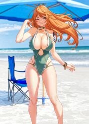 1girls beach beach_chair beach_umbrella bracelet breasts brown_eyes chair choker clouds female female_only green_one-piece_swimsuit green_swimsuit highleg highleg_one-piece_swimsuit highleg_swimsuit large_breasts long_hair looking_at_viewer nami nami_(one_piece) ocean one-piece_swimsuit one_piece orange_hair outside sky solar_(happymonk) swimsuit tattoo tattooed_arm umbrella water