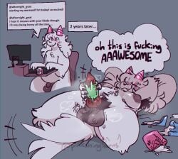 anthro artist_name big_balls big_penis big_thighs broken_sex_toy canine_penis computer cum cum_in_sex_toy furry hairy_armpits hairy_balls happy_trail horns laying_on_bed masturbation nier_(pinkshinyhorns) onahole original original_character pinkshinyhorns sitting_on_chair sweat sweatdrop trans_woman_(lore) wagging_tail white_fur