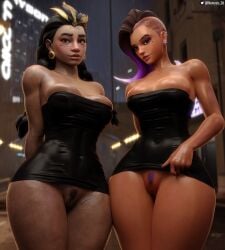 2girls 3d absurd_res big_breasts black_dress bodycon breast_squish breasts dark-skinned_female female female_only flashing_pussy hi_res highres illari_(overwatch) illari_quispe_ruiz latina multiple_girls nemesis_3d olivia_colomar overwatch overwatch_2 peruvian_female pubic_hair pussy sombra thick_thighs thighs