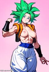 ? ai_generated black_bracelet blue_eyes blush boobs_out dragon_ball_super exposed_breasts exposed_torso fusion_suit green_eyes kefla lupusorchis metamorian_suit only_female pink_background thighs_together vest_only white_pants