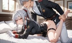 1boy 1girls ai_generated angry angry_face ankle_grab blush bubble_butt ciel_lionheart damn_reincarnation feet_focus grabbing_ankles grabbing_from_behind grabbing_legs grey_hair holding_ankle holding_leg laying_on_bed looking_at_viewer ponytail pussy sex sex_from_behind vagina vaginal_penetration vaginal_sex webtoon white_gloves white_hair white_legwear white_skin yellow_eyes