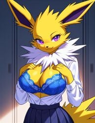 ai_generated big_breasts blue_bra blue_shirt breasts eeveelution female female_focus female_only furry jolteon kemonogirls large_breasts nintendo open_shirt pleated_skirt pokemon pokemon_(species) purple_eyes school_uniform solo two_tone_body two_tone_fur white_fur yellow_fur