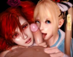 1boy 2girls 3d alice_in_wonderland alice_liddell_(cosplay) alternate_costume amy_sorel blonde_female blonde_hair blowjob blue_dress blue_eyes clothed clothing collaborative_fellatio cooperative_fellatio cosplay crossover dead_or_alive dead_or_alive_5 dress drill_hair erection eyelashes fellatio female ffm_threesome fingerless_gloves flower gloves hair_flower hair_ornament hair_ribbon hand_on_another's_stomach handjob highres licking licking_penis long_hair looking_at_viewer male male_pov marie_rose mrstranger multiple_girls navel nude_male_clothed_female open_mouth oral parted_lips partial_male penis pink_lips pov precum red_eyes red_hair ribbon rose soul_calibur stomach teamwork threesome tongue tongue_out twin_drills twintails white_gloves white_ribbon x_hair_ornament xnalara