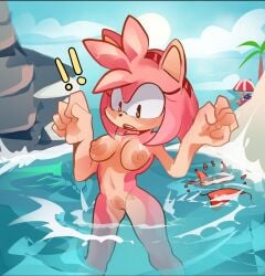 1girls amy_rose bikini breasts chocobunny1919 furry nipples nude pussy sega small_breasts sonic_(series) swimsuit wardrobe_malfunction water