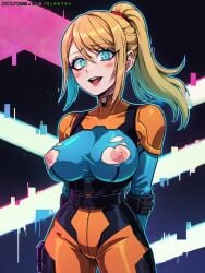 ai_generated big_breasts blonde_hair blue_eyes breasts gigatsu looking_at_viewer metroid nintendo open_mouth ponytail samus_aran torn_clothes visible_nipples